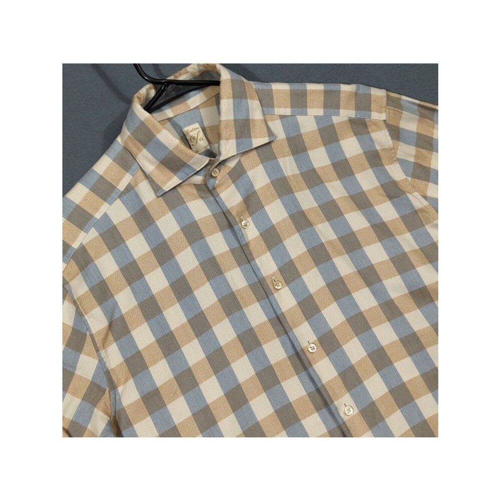 Stenstroms 1899 Shirt Men's 17 43 Blue Tan Plaid Cotton Lyocell Long Sleeve